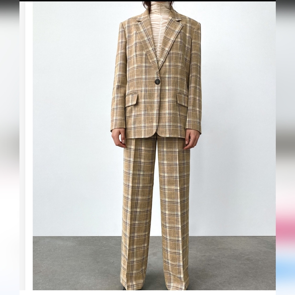 Zara Woman Plaid Oversized Blazer High waist Pants Suit ......